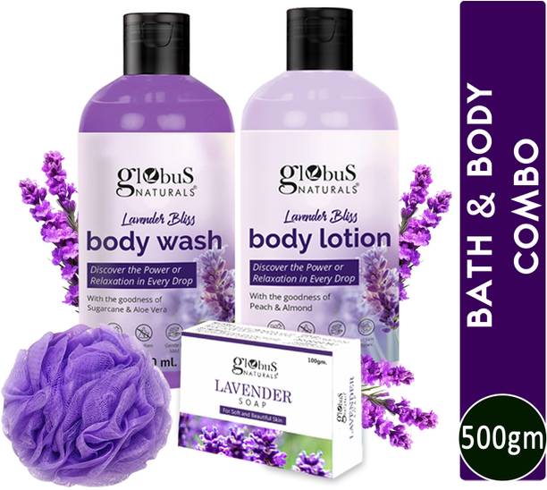 ग्लोबस नैचुरल्स Lavender Body Lotion , Soap & Body Wash Skincare Combo with Loofa