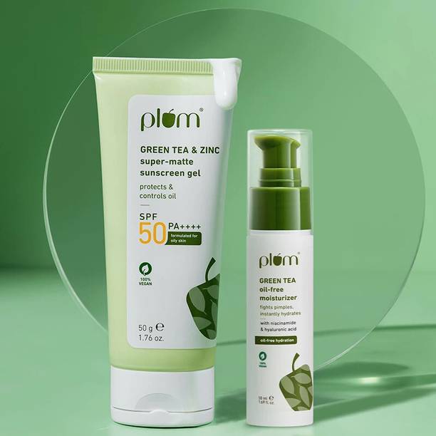 Plum Green Tea Sunscreen SPF 50 PA++++ (50g) & Oil Free Moisturizer (50ml) Duo|For Oily Skin