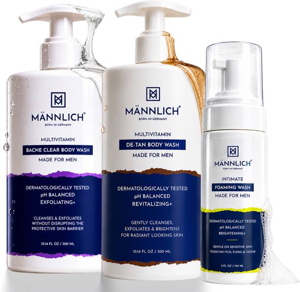 Mannlich Full Body Wash Kit | De-Tan Body Wash + Bacne Body Wash + Intimate Foaming Wash | Complete Body Cleansing 3 Items in the set