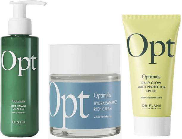 Oriflame Sweden Optimals Soft Creamy Cleanser-150ML.Hydra Radiance Rich Cream-50ML.With Daily Glow Multi-Protector SPF50-{30ML.}