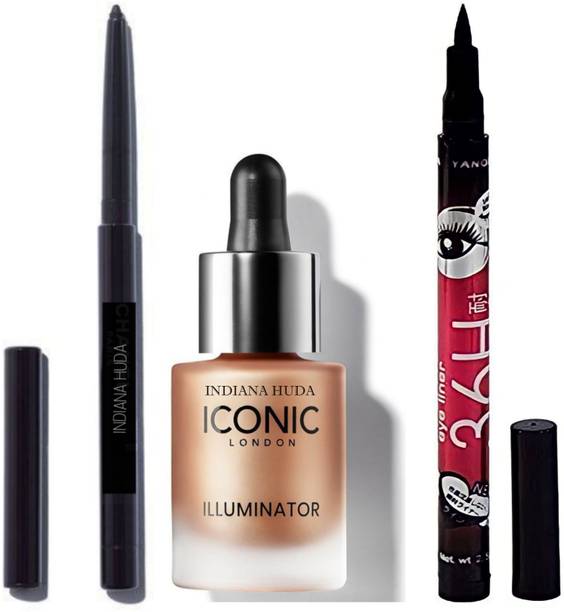INDIANA HUDA COMBO OF ORIGINAL(Champagne Shimmer)London Iconic illuminator liquid highlighter for face with EYE KAJAL AND 36h SKETCH EYELINER