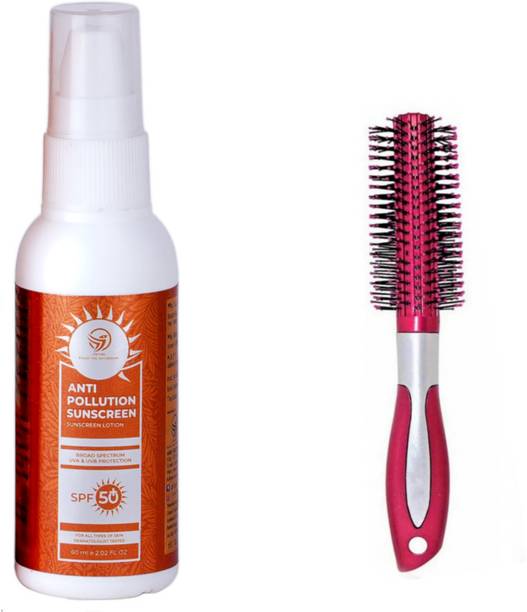 INDIANA HUDA Combo of Anti Pollution Sunscreen With Broad Spectrum(UVA&UVB)SPF 50+ & Round Hair Brush For Adding Curls,Volume,Waves In Hairs: