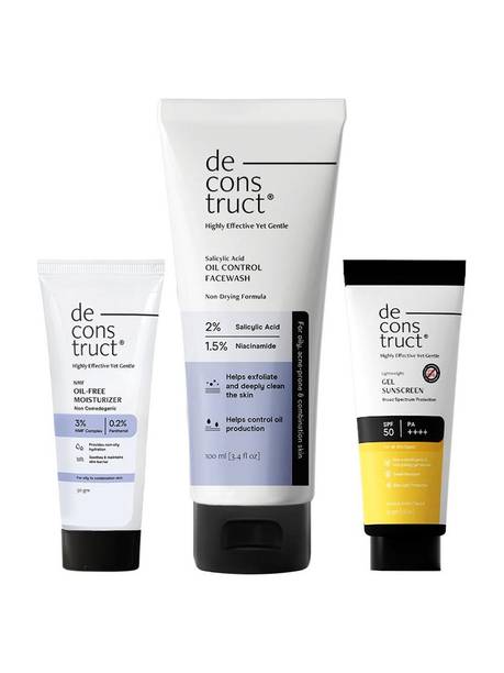 Deconstruct 3 Step AM Routine for Oil Free Skin- Oil Control Face Wash, Oil Free Moisturiser and Gel Sunscreen