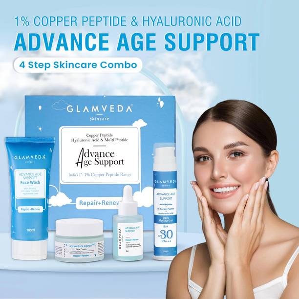 GLAMVEDA 1% Copper peptide Anti Aging 4-Step Skincare Combo For Women|with Multi Peptides & Hyaluronic Acid|Reduces Fine Lines & Wrinkles