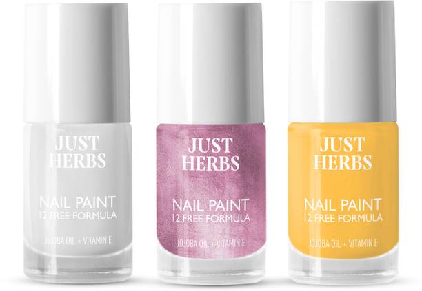 Just Herbs Gloss and Mettalic Nail Paints 12 Chemical-free- Pack of 3 Grey,Pink,Orange