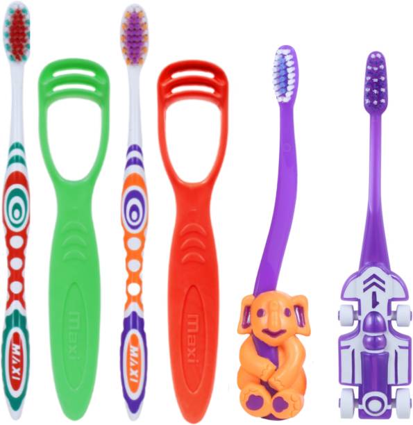 Maxi Oral Care Family Pack of 4-1 Zoom Car,1 Bingo Junior Toothbrush & (2 Adults) Style Toothbrush&Tongue Cleaner-Oral Hygiene Kit