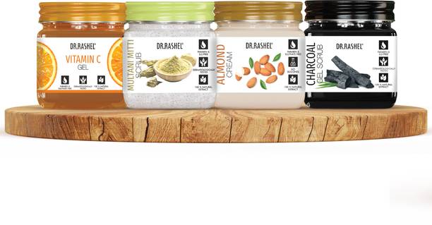 DR.RASHEL Charcoal Gel Scrub, Vitamin C Gel, Multani Mitti Scrub & Almond Cream For Face & Body (Combo Pack of 4)