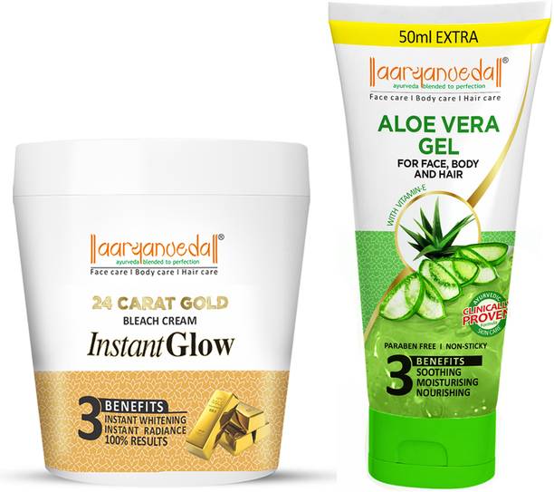 Aaryanveda Gold Bleach Cream For Glowing Skin & Removing Uneven Patches - 250g and Aloe Vera Gel for Soothing & Nourishing Skin - 100 g