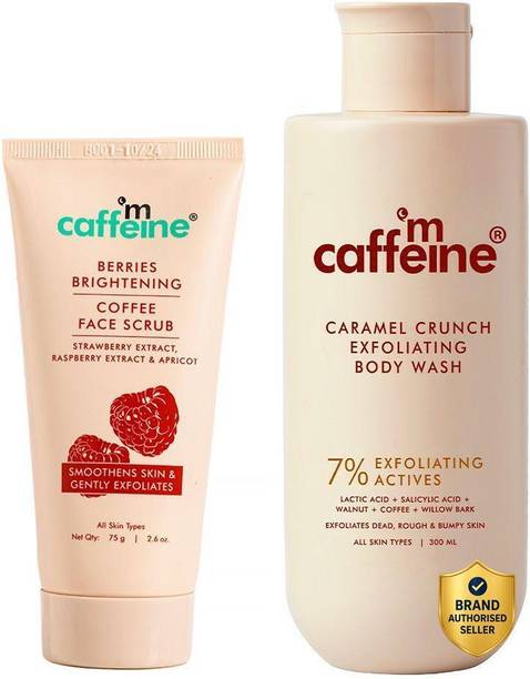mCaffeine Brightening & Exfoliating Face & Body Combo|Caramel Body Wash+Berries Face Scrub