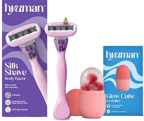 Hyuman SilkShave Body Razor Combo Ice Roller, 5 Blade with Face Massager, Women