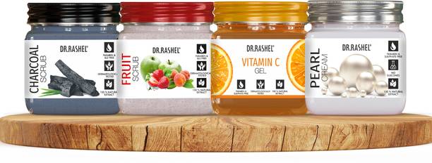 DR.RASHEL Charcoal Scrub, Vitamin C Gel, Pearl Face Pack & Fruit Scrub For Face & Body (Pack of 4)