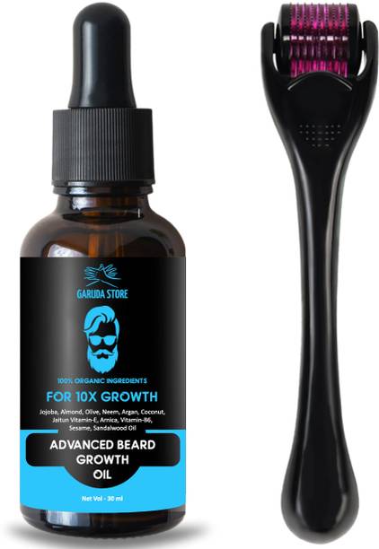 Garuda Store Beardinator Basics, Beard Growth Oil Kit (30ml) & Beard Activator (Derma Roller) 540 titanium needles | Made in India