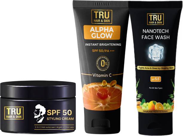 TRU HAIR & SKIN SPF 50 Stylish Cream 50gm + Alpha Glow 25ml + Nanotechnology Facewash COMBO