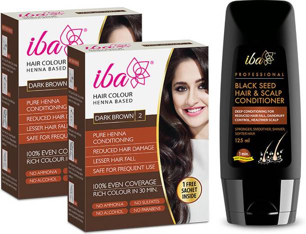 Iba Henna Based Hair Color Dark Brown Pack of 2 + Black Seed Conditioner Combo (140g+ 125ml)