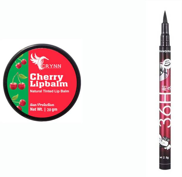 Crynn Essential Cherry Natural Tinted Lip Balm Sun Protection& Long Lasting& Waterproof 36H Eyeliner Jet Black