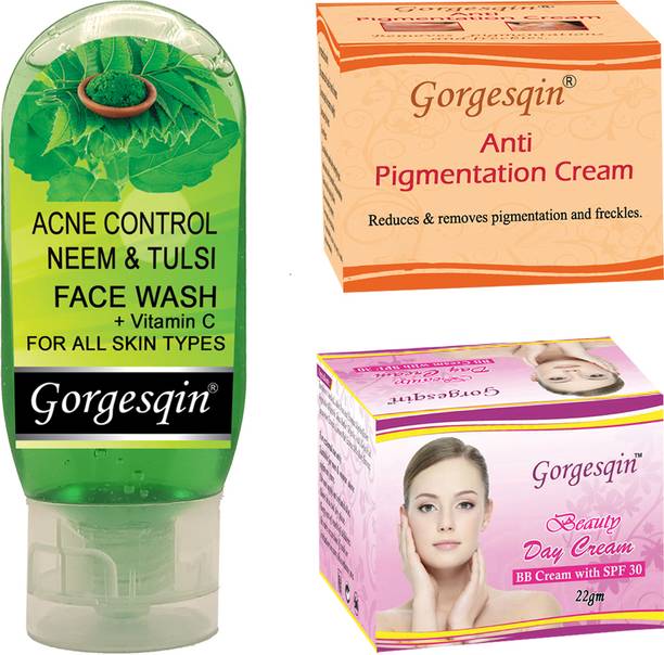 GORGESQIN Anti Pigmentation Cream 10 g Pigment Remover, Day Cream 22 g & Neem & Tulsi Face Wash 100ml