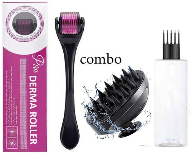 Piru 0.5mm Titanium Derma Roller for Hair & Skin with Scalp Massager and 100ml Empty Dropper Bottle