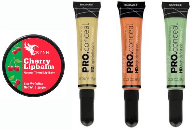 Crynn Essential Cherry Natural Tinted Lip Balm& PRO HD Conceal Liquid Concealer Fit for Girl Pack of 3 Concealer