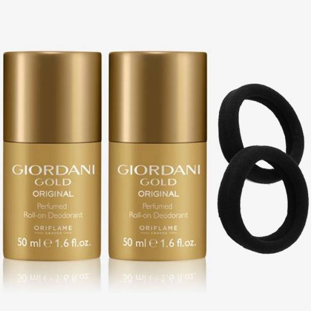Oriflame GIORDANI GOLD Original Perfumed Roll-On Deodorant 50 ml ( pack of 2 ) with Hair Highly Elastic Black Rubber Bands 2 piece
