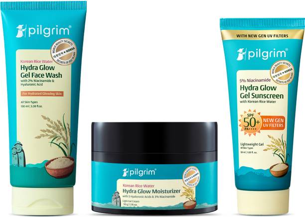 Pilgrim Korean Rice Water Facewash, Hydra Glow Moisturizer & Gel Sunscreen Combo