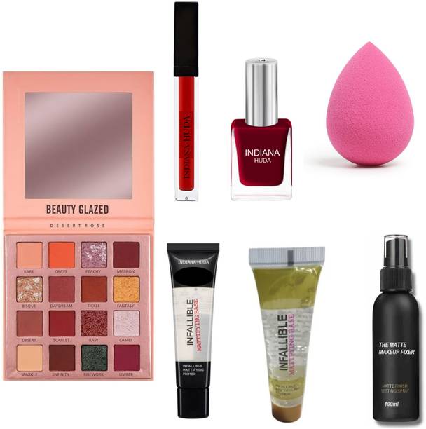 INDIANA HUDA Desert Rose Eyeshadow Makeup Palette,Liquid Lipstick(Red),Blender Puff,White And Pearl Primer,Makeup Fixer Spray,Nail Paint