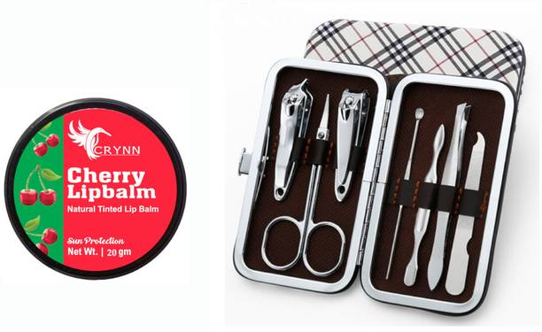 Crynn Essential Cherry Natural Tinted Lip Balm Sun Protection& 7 Pieces Nail Clippers Nail Scissors Beauty Nail Tool Manicure Set