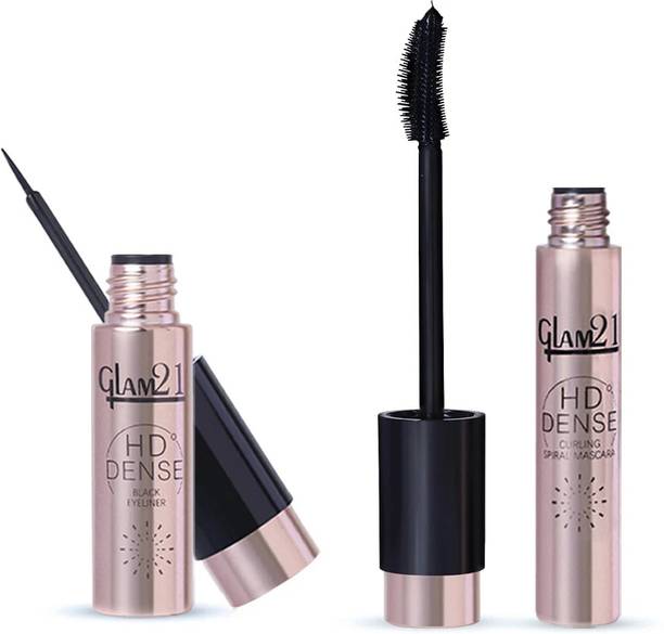 Glam21 HD Dense Mascara + Black Eyeliner Combo Pack Smudge & Waterproof Stay Upto 12Hrs