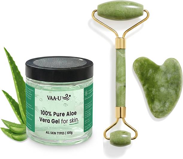 VAA-U Aloe Vera Gel for Skin & Hair (100g) with Jade Roller & Gua Sha | Hydrates & Smoothens Skin