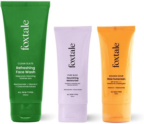 फॉक्सटेल Essentials Combo | Skin Barrier Defender | With Gel Face Wash 100ml + Daily Moisturizer 50ml + Daily Sunscreen 50ml