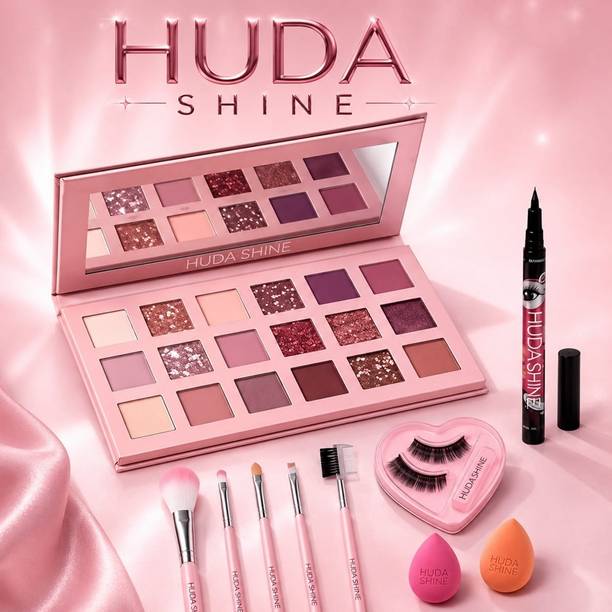 Huda shine Eyeshadow Palette With 5 PCs Makeup Brush & 36 Hours Kajal ( Eye Liner ) & Eyelashes & 2 Sponge Puff (5 Items in the set)