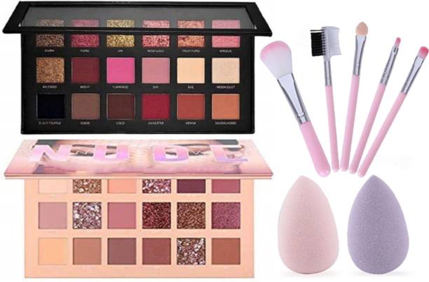 N.Y.N Beauty Combo Pack Of Nude & Rose Gold Eyeshadow Palette Shimmery Finish, 5Pcs Of Makeup Brush & 2 Puff