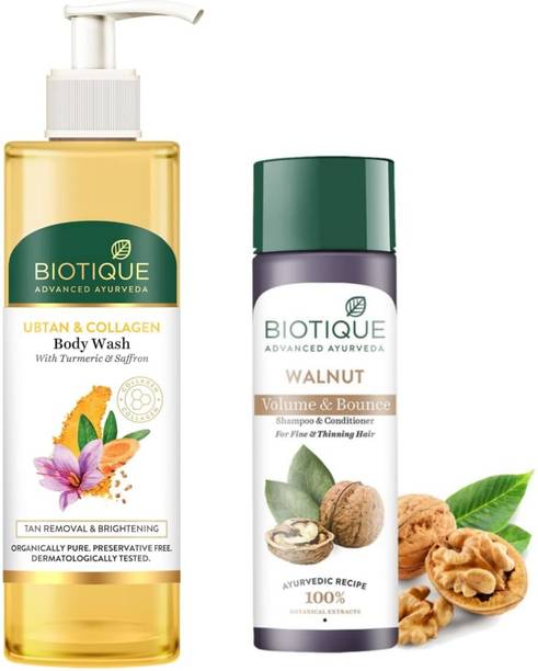 BIOTIQUE Ubtan & Collagen Body Wash 200ml & Walnut Shampoo 120ml