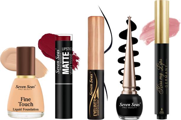 Seven Seas Festive Essential Makeup Combo with Foundation/Lipstick/Liquid Eyeliner/Sheer Lip Balm(pack of 5)
