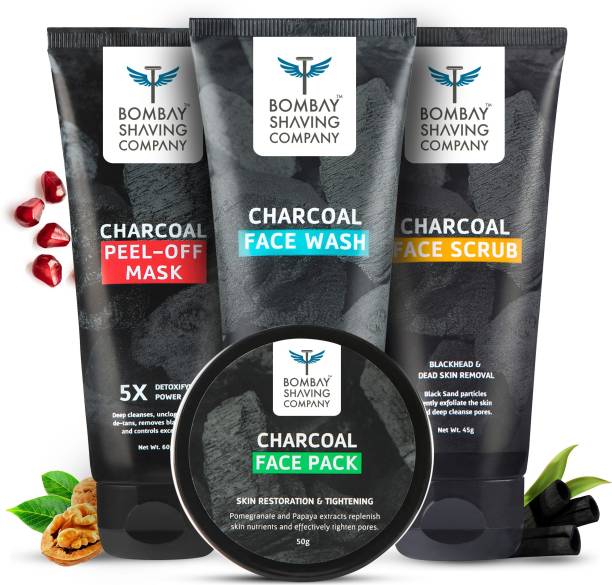 BOMBAY SHAVING COMPANY Activated Charcoal Complete Home Facial Kit | Removes Blackheads, De-tans, Unclogs Pores & Deep Cleanses | Made in India