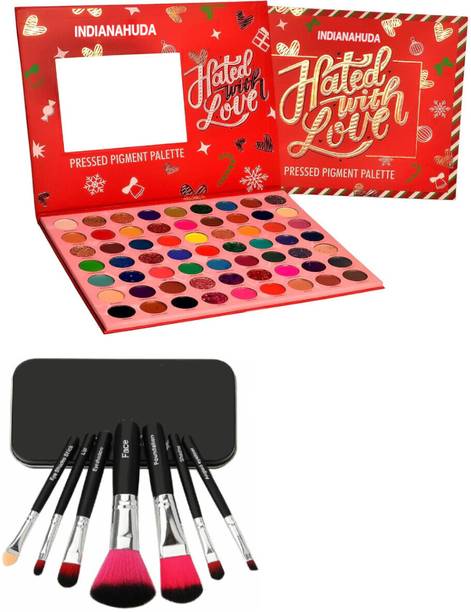 INDIANA HUDA Beauty 63 Color Matte Shimmer Glitter Hated with Love EyeShadow Palette(Red) & 7 Pcs Makeup Brush With Case
