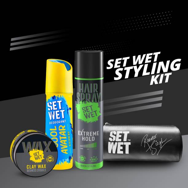 SET WET Men's Styling Kit-Deodorant(150ml),Clay Hair Wax(60g),Hair Spray(200ml) & Pouch Deodorant Spray  -  For Men