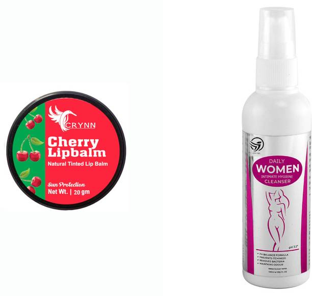 Crynn Essential Cherry Natural Tinted Lip Balm Sun Protection& Daily Women Hygiene Intimate Wash ,Intimate Gel (100 ml)