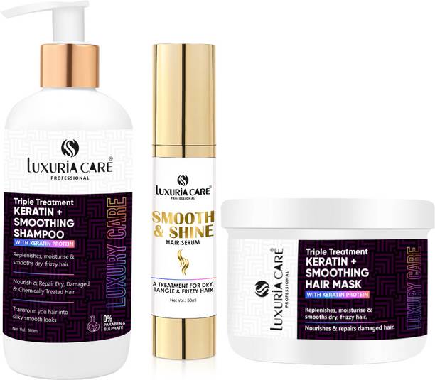 Luxuria care Triple Treatment Keratin + Smoothing Shampoo |Damage Repair Hair Mask |Smooth Shine Serum [300ml +300ml+50ml Combo]