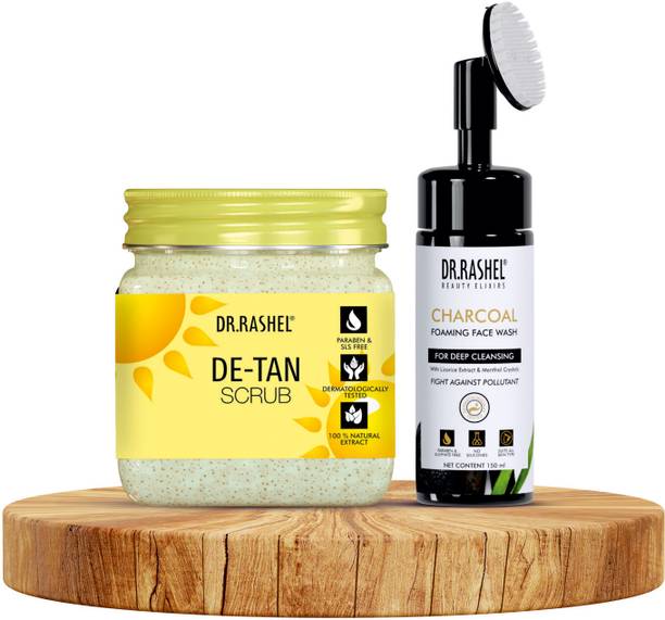 DR.RASHEL De Tan Scrub & Charcoal Foaming Face Wash that Exfoliates, Removes Tan & Aging