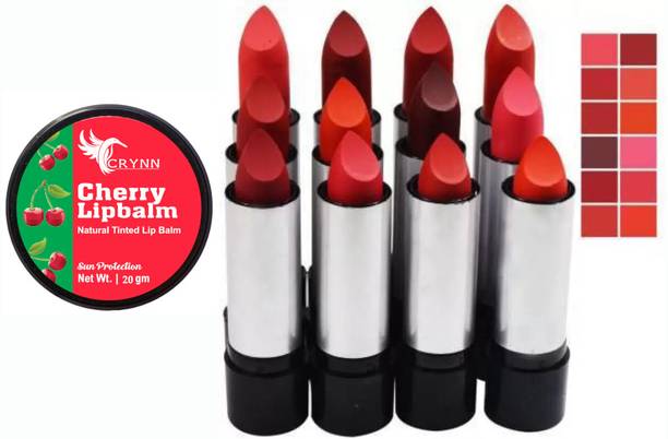 Crynn Essential Cherry Natural Tinted Lip Balm Sun Protection& Balm Matte Lipstick - Set Of 12 (Multicolor)