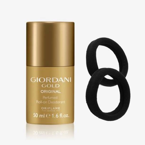 Oriflame GIORDANI GOLD Original Perfumed Roll-On Deodorant 50 ml with Hair Ponytail Holder Highly Elastic Black Rubber Bands 2 piece