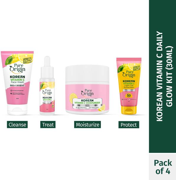 Pure Origin Korean Skincare Combo : Face Wash, 30ml Serum, Moisturizer & Light Gel Sunscreen with SPF 50 PA++++