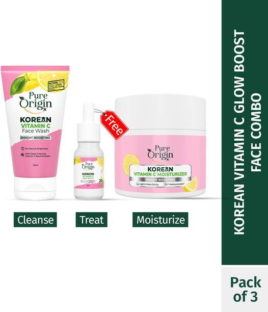 Pure Origin Korean Vitamin C Bright Boost Combo: Face Wash (150ml) & Moisturizer (100g) + Free Serum (10ml) for Glowing Skin
