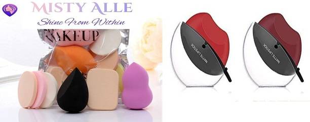 MISTY ALLE 6 in 1 Makeup Spounge Puff Set with 2 apple shaped lipstick (red+maroon)