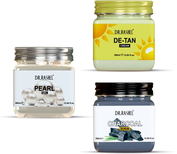DR.RASHEL Charcoal Scrub, De-Tan Cream & Pearl Gel For Face & Body (Pack of 3)