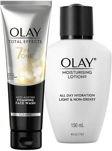 OLAY Moisturising Lotion with Coconut, Caster Seed Oil, Glycerin (150ml) & Total Effects 7 in 1 Exfoliating Cleanser (100gm)