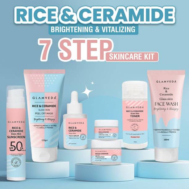 GLAMVEDA Glass Skin Rice & Ceramide 7 Step Weekly Skincare Routine For Women with Gift Box