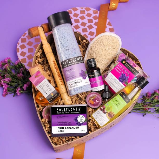 Soulflower Lavender Heart Bath Giftset, Men & Women, Body Spa Beauty Gift Box, Skincare Kit