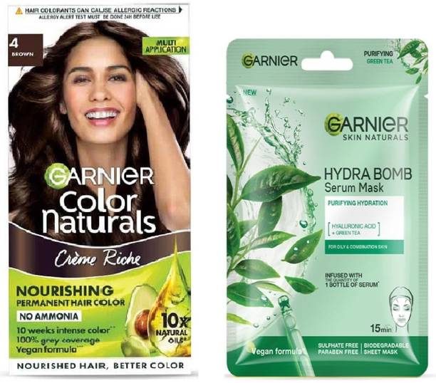 Garnier Men Color Naturals Crème hair color 4 Brown, 70ml + 60g+Hyaluronic Acid+Green Tea Purifying Hydration Serum Mask-28g