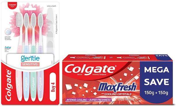 Colgate Red Gel (Spicy Fresh), Gentle Sensitive Toothbrush - 4Pcs Toothpaste